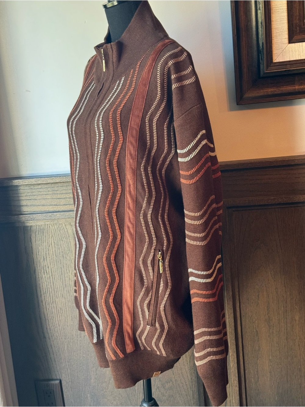 Silversilk Brown Bomber zip up sweater Jacket with Cream & Rust Wavy Stripes 3x - Picture 3 of 9